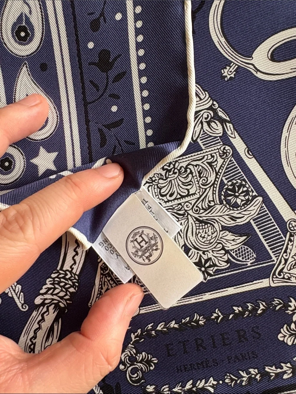 Hermes Navy Blue and White Equestrian Print Silk Scarf  Etriers Remix bandana 55